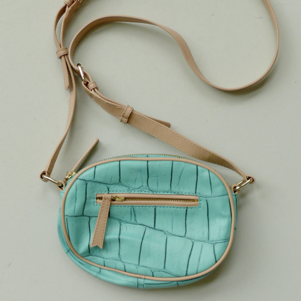 KATE LANDRY PVC crocodile cross body oval purse bag teal blue small